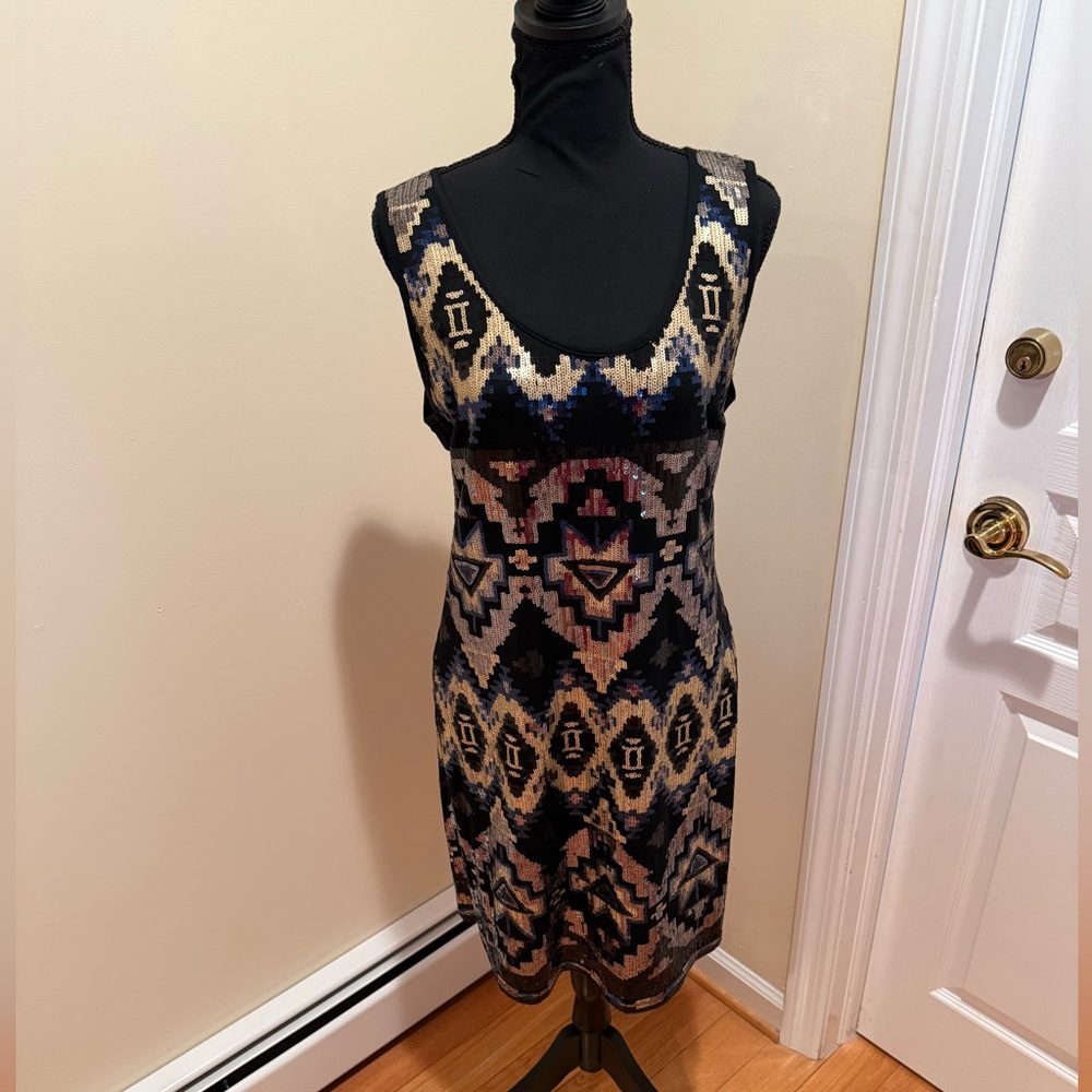 Cache Geometric Patterned Sleeveless Gold , Blue  Black sequins evening dress